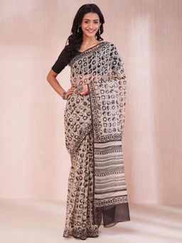 Fabindia - Black Cotton Silk Hand Block Printed Saree Without Blouse