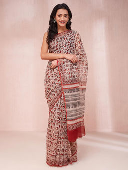 Fabindia - Maroon Cotton Silk Hand Block Printed Saree Without Blouse