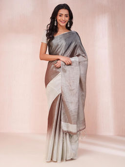 Fabindia - Silver Cotton Blend Hand Woven Saree Without Blouse