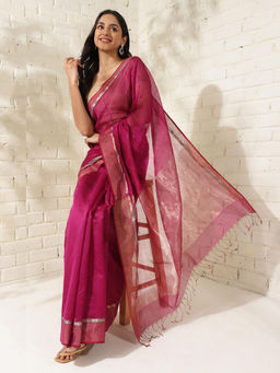 Fabindia - Wine Cotton Silk Blend Maheshwari Saree Without Blouse