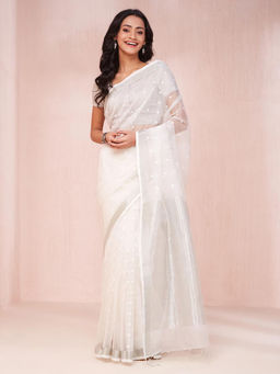 Fabindia - Off White Silk Blend Jamdani Saree Without Blouse