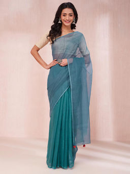 Fabindia - Teal Cotton Silk Checks Saree Without Blouse