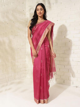 Fabindia - Pink Cotton Silk Blend Chanderi Saree Without Blouse