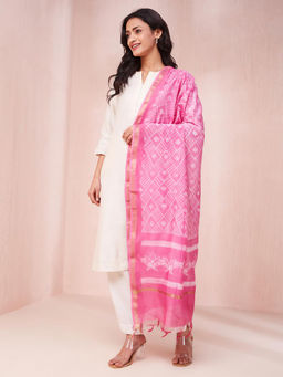 Fabindia - Pink Cotton Silk Printed Dupatta