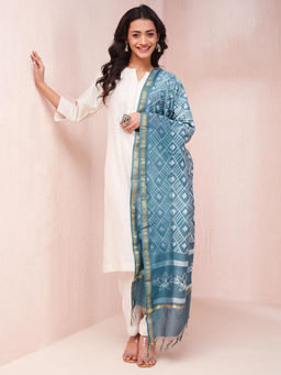 Fabindia - Teal Cotton Silk Printed Dupatta
