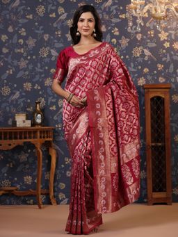 Nyri - Pure Silk Puja Maroon Banarasi Woven Zari Border Saree with Unstitched Blouse