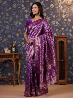 Nyri - Pure Silk Jewel Stone Purple Banarasi Woven Zari Border Saree with Unstitched Blouse