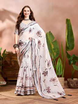 Nyri - Pure Cotton Off White Floral Printed Indie Florals Saree with Unstitched Blouse