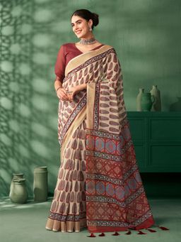 Nyri - Beige Jaipuri Cotton Block Print Festive Saree with Unstitched Blouse