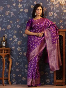 Nyri - Pure Silk Jewel Stone Purple Banarasi Woven Zari Border Saree with Unstitched Blouse