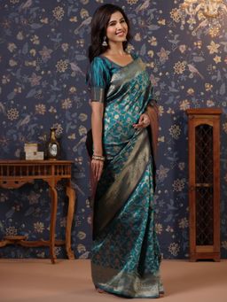 Nyri - Pure Silk Samarkand Teal Banarasi Woven Zari Border Saree with Unstitched Blouse