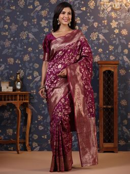 Nyri - Pure Silk Wine Woven Zari Border Festive Saree with Unstitched Blouse