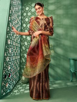 Nyri - Organza Chocolate Brown Printed Tie and Dye Gotta Patti Saree with Unstitched Blouse