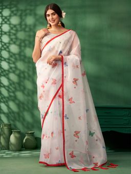 Nyri - Organza White Printed Ethnic Motifs Embellished Designer Saree with Unstitched Blouse