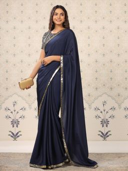 Nyri - Pure Crepe Jewel Stone Blue Colourblocked Sequinned Saree with Unstitched Blouse