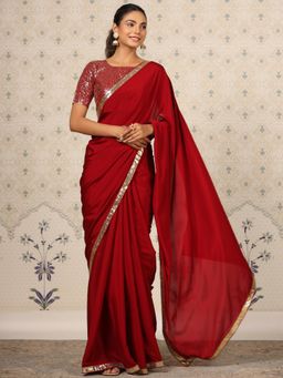 Nyri - Pure Crepe Puja Maroon Colourblocked Sequinned Saree with Unstitched Blouse