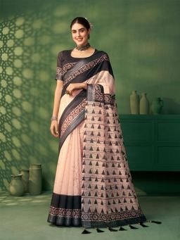 Nyri - Black Jaipuri Cotton Block Printed Zari Festive Saree with Unstitched Blouse