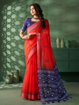 Nyri - Red Jaipuri Cotton Block Printed Zari Festive Saree with Unstitched Blouse