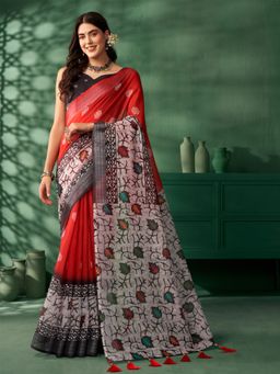 Nyri - Red Jaipuri Cotton Block Printed Zari Festive Saree with Unstitched Blouse