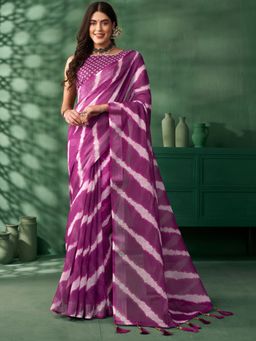 Nyri - Purple Jaipuri Cotton Block Print Leheriya Zari Saree with Unstitched Blouse