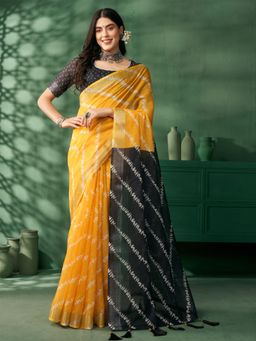Nyri - Yellow Jaipuri Cotton Block Printed Zari Festive Saree with Unstitched Blouse