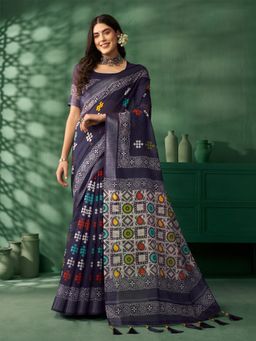 Nyri - Navy Blue Jaipuri Cotton Block Printed Zari Festive Saree with Unstitched Blouse