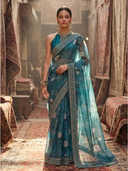 Nyri - Diesel Shinny Organza Sequinned Printed Designer Saree with Unstitched Blouse