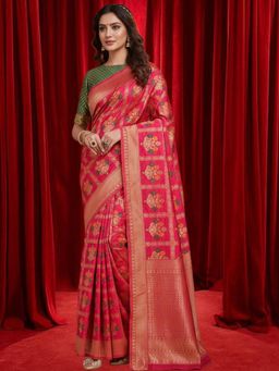 Nyri - Red Silk Blend Dyed Woven Design Zari Heavy Work Saree with Unstitched Blouse