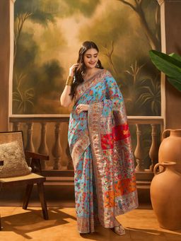 Nyri - Pure Pashmina Silk Kashmiri Firozi Saree with Unstitched Blouse with Regular Blouse