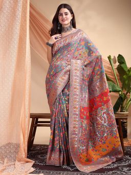 Nyri - Jamdani Pashmina Light Grey Pure Silk Kashmiri Tradition Saree with Unstitched Blouse