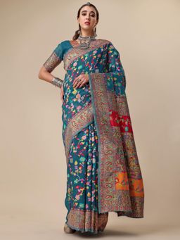 Nyri - Blooming Blue Pure Silk Woven Design Designer Saree with Unstitched Blouse