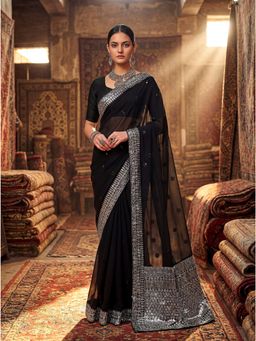 Nyri - Blooming Black Pure Georgette Fully Sequinned Celebrity Saree with Unstitched Blouse