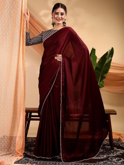 Nyri - Satin Silk Cherish Wine Colourblocked Cherry Red Saree with Unstitched Blouse