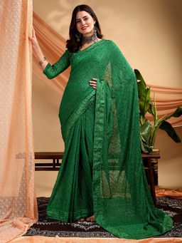 Nyri - Pure Georgette Green Sequinned Embroidered Designer Saree with Unstitched Blouse
