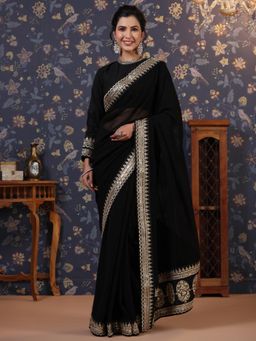 Nyri - Pure Viscous Coal Black Colourblocked Embellished Saree with Unstitched Blouse