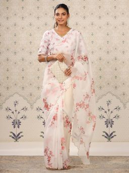 Nyri - Organza Dusty White Floral Printed Gotta Patti Saree with Unstitched Blouse