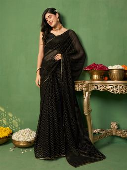 Nyri - Pure Georgette Blooming Black Foil Mukaish Embellished Saree with Unstitched Blouse