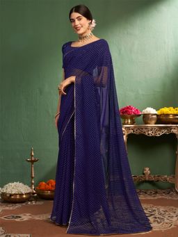 Nyri - Pure Georgette Navy Blue Foil Mukaish Embellished Saree with Unstitched Blouse