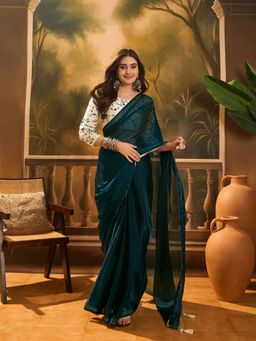 Nyri - Jewel Tone Pure Glass Chiffon Handwork Saree with Unstitched Blouse with Matching Blouse