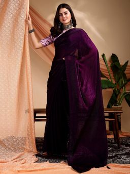 Nyri - Glass Shine Chiffon Purple Colourblocked Embellished Designer Saree with Unstitched Blouse