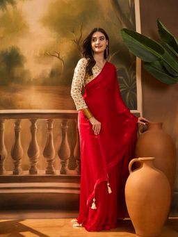 Nyri - Glass Chiffon Shinny Red Saree with Unstitched Blouse with Fully Worked Blouse