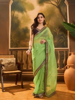 Nyri - Organza Pastel Pista Saree with Unstitched Blouse