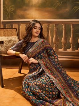 Nyri - Patola Art Silk Navy Blue Saree with Unstitched Blouse