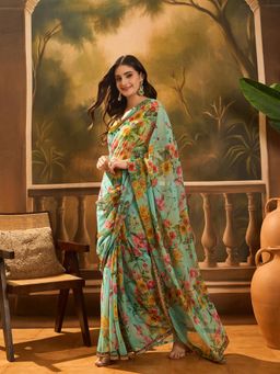 Nyri - Pastel Poly Georgette Indie Floral Saree with Unstitched Blouse