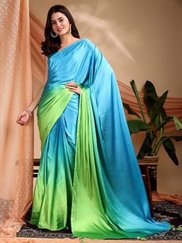 Nyri - Japan Satin Ombre Green Blue One Min Ready To Wear One Min Saree with Unstitched Blouse