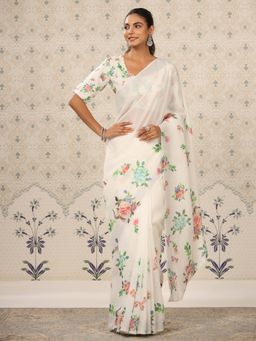 Nyri - Pure Linen Dusty White Floral Printed Jhumka Festive Saree with Unstitched Blouse