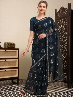 Nyri - Teal Pure Georgette Abstract Sequinned Festive Saree with Unstitched Blouse