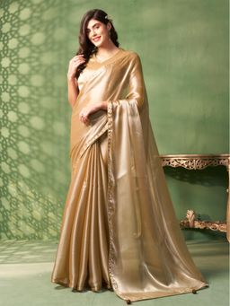 Nyri - Lamy Glass Fabric Nudy Beige Colourblocked Embellished Saree with Unstitched Blouse