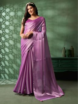 Nyri - Lamy Glass Fabric Purple Lavender Colourblocked Embellished Saree with Unstitched Blouse