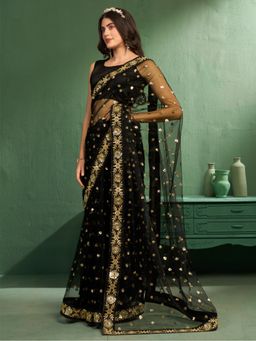 Nyri - Supernet Black Embellished Sequinned Heavy Work Saree with Unstitched Blouse